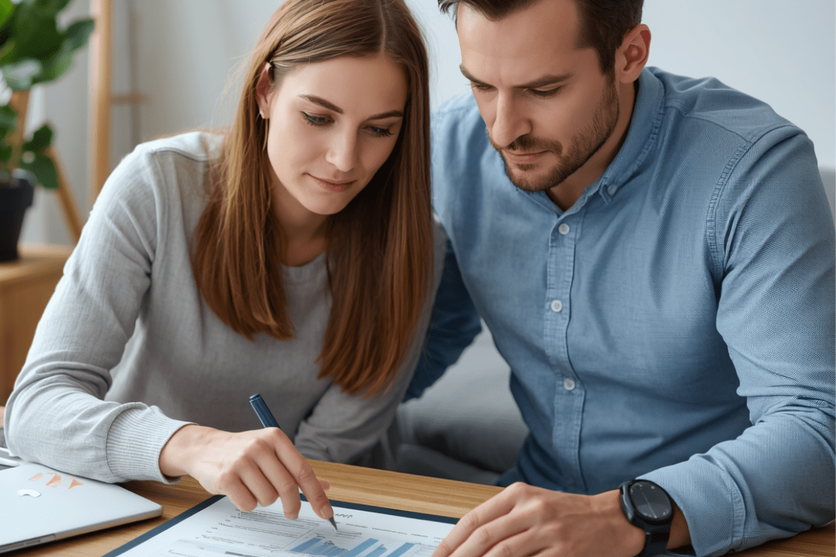 pareja de 40 años haciendo el analisis inmobiliario de una propiedad